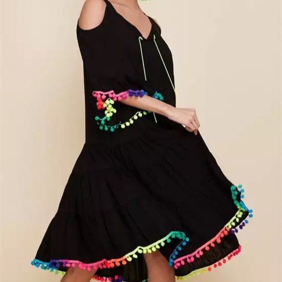 Neon PomPom Trim Black Swing Dress - Picture 3 of 10